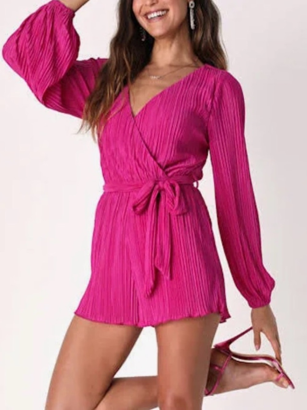 Lulus Magenta Plisse Balloon Sleeve Romper
